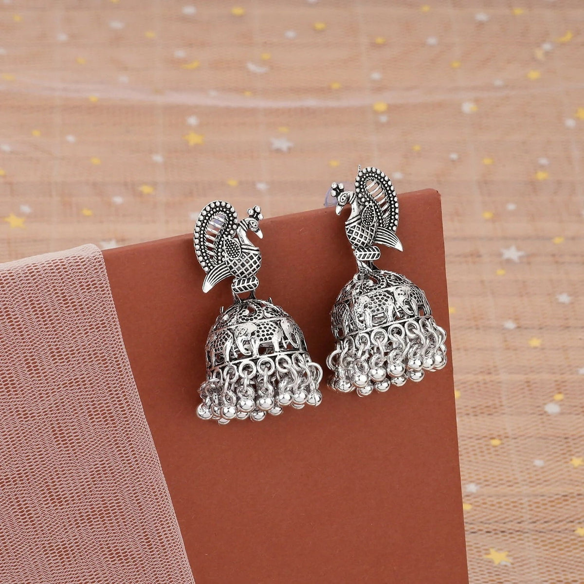Oxidised Silver Peacock Jhumka Earrings