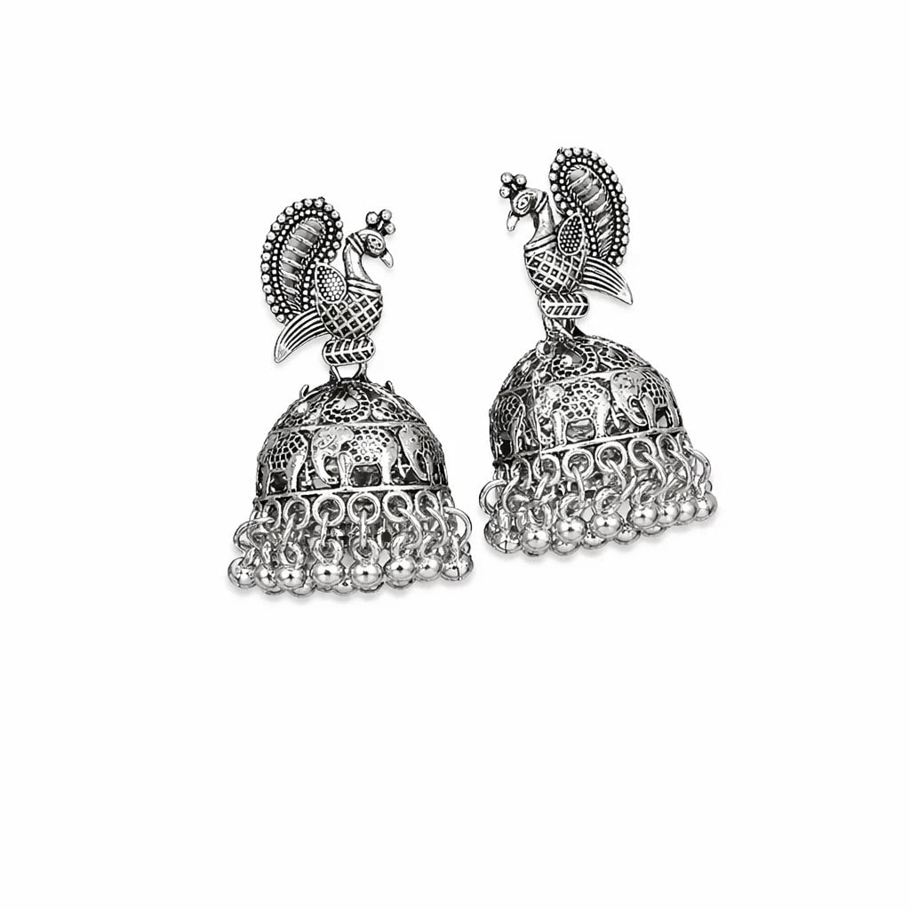 Oxidised Silver Peacock Jhumka Earrings