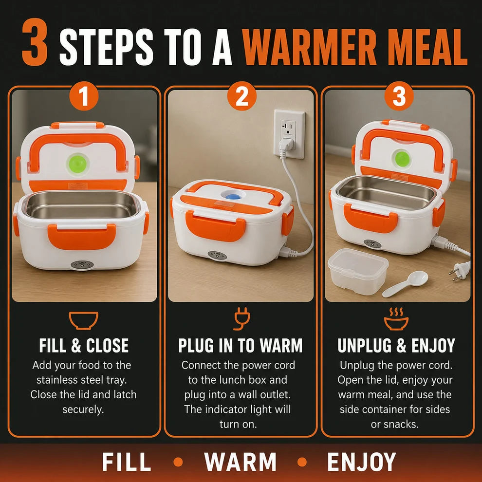 Electric Heated Lunch Box 3-in-1, 1.5L Stainless Steel Food Warmer for Home, Office, Car and Travel